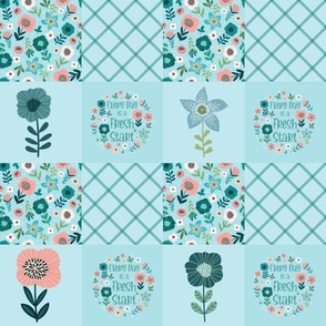 Bigger Scale Patchwork 6" Squares Every Day is a Fresh Start Inspirational Words Floral Coral Aqua Blue White Spring Flowers for Cheater Quilt Blanket