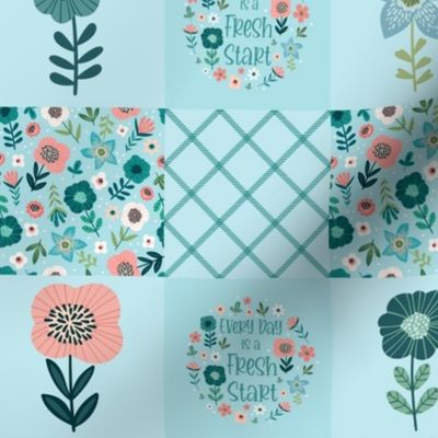 Smaller Scale Patchwork 3" Squares Every Day is a Fresh Start Inspirational Words Floral Coral Aqua Blue White Spring Flowers for Cheater Quilt Blanket