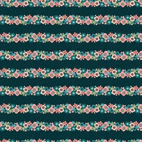 Small Scale Bold Floral Border Stripe Turquoise Coral Aqua Flowers