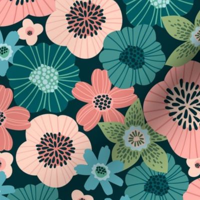 Medium Scale Wild Flower Garden Turquoise Coral Pink Blue Green Floral Dark Background