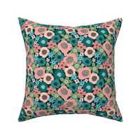 Small Scale Wild Flower Garden Turquoise Coral Pink Blue Green Floral Dark Background