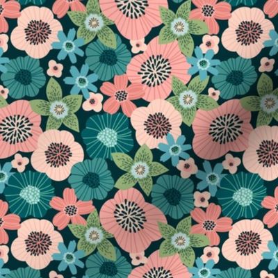 Small Scale Wild Flower Garden Turquoise Coral Pink Blue Green Floral Dark Background