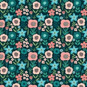 Small Scale Wild Flower Garden Turquoise Coral Pink Blue Green Floral Dark Background
