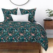 Large Scale Let Your Dreams Grow Wild Flower Garden Turquoise Coral Pink Blue Green Floral Dark Background