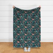 Large Scale Let Your Dreams Grow Wild Flower Garden Turquoise Coral Pink Blue Green Floral Dark Background