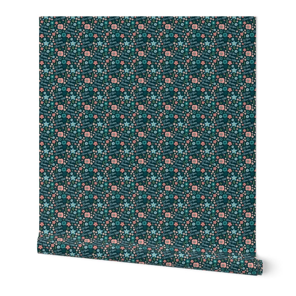 Small Scale Let Your Dreams Grow Wild Flower Garden Turquoise Coral Pink Blue Green Floral Dark Background