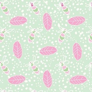 Whimsical Bees and Leaves - Pink and White on Green