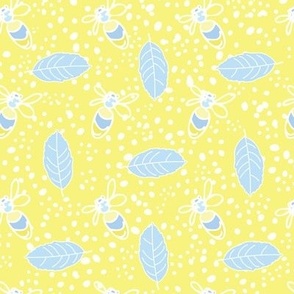 Whimsical Bees & Leaves - Blue and White on Bright Yellow