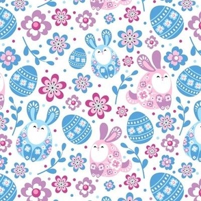 Medium Scale Bunnies and Spring Floral Easter Eggs and Flowers Pink Purple Blue