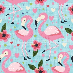 Large Scale Flamingos in Love Pink Hibiscus Flowers and Hearts on Blue