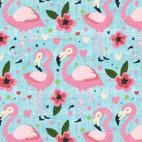 Medium Scale Flamingos in Love Pink Hibiscus Flowers and Hearts on Blue
