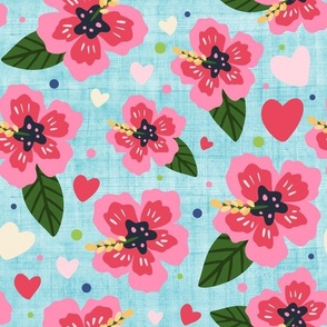 Large Scale Pink Hibiscus Tropical Flowers and Hearts Flamingo Coordinate