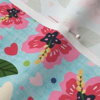 Medium Scale Pink Hibiscus Tropical Flowers and Hearts Flamingo Coordinate
