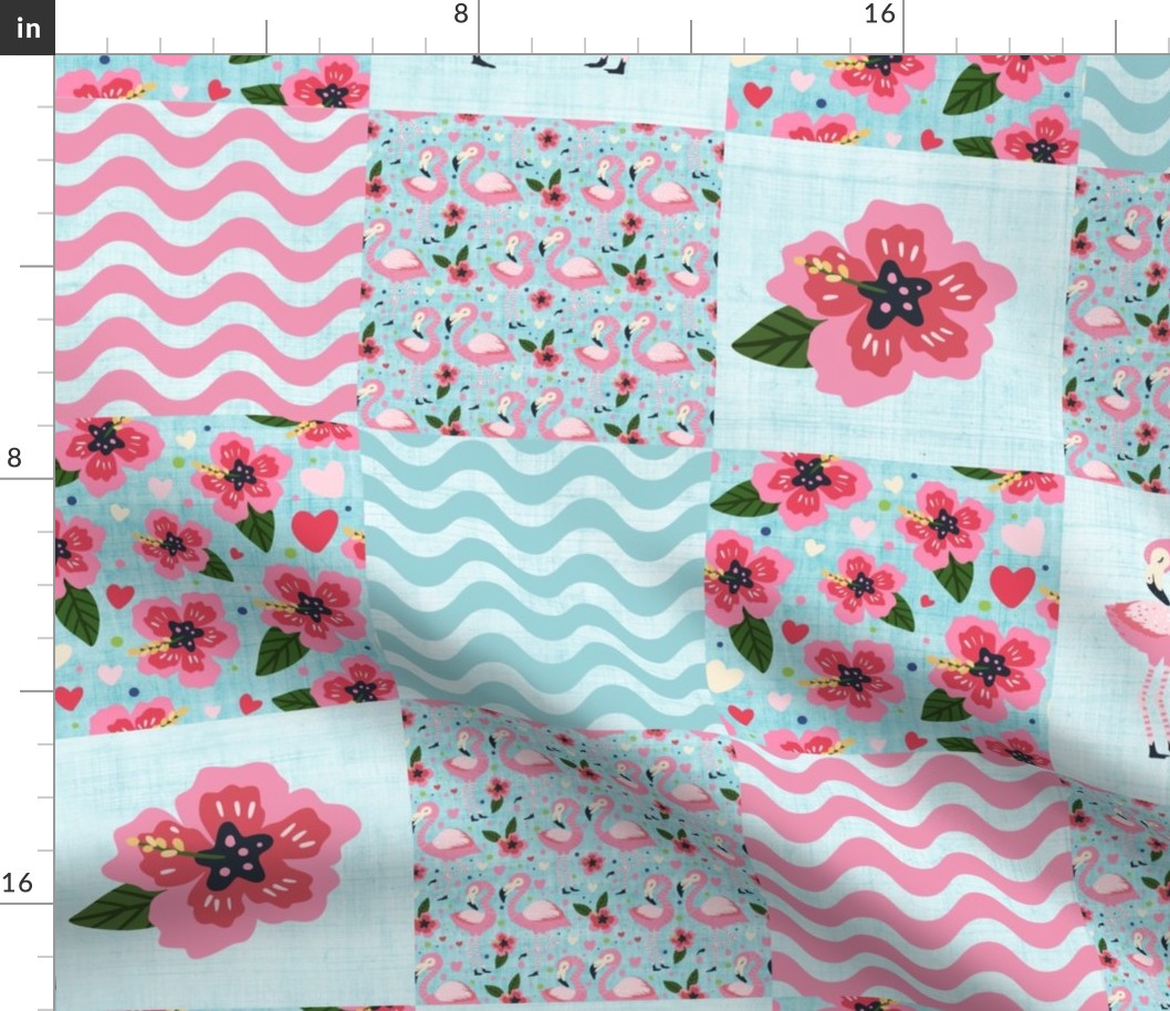 Bigger Scale Patchwork 6" Squares Pink Flamingos and Tropical Hibiscus Flowers