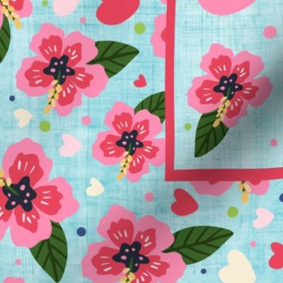 Large 27x18 Fat Quarter Panel I Flocking Love You Pink Flamingos and Tropical Hibiscus Flowers for Wall Art or Tea Towel