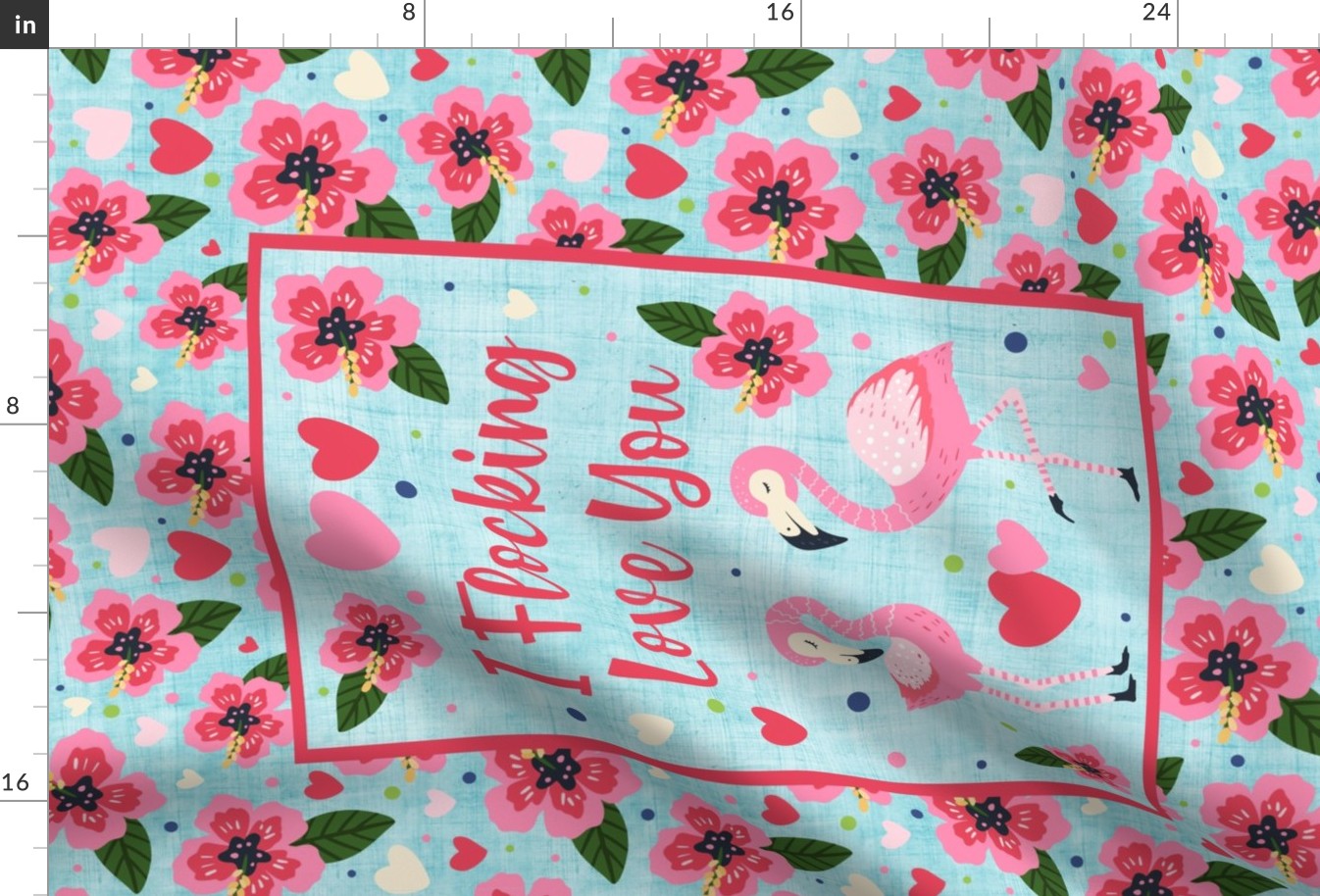 Large 27x18 Fat Quarter Panel I Flocking Love You Pink Flamingos and Tropical Hibiscus Flowers for Wall Art or Tea Towel