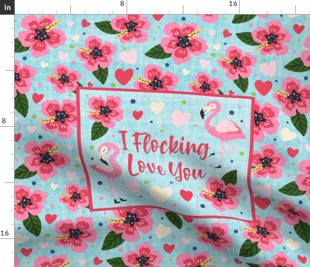 21x18 Fat Quarter Panel  I Flocking Love You Pink Flamingos and Tropical Hibiscus Flowers for Large Placemat or Pillowcase