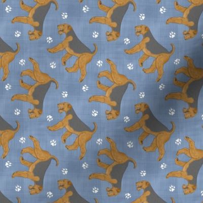 Tiny Trotting Airedale Terrier and paw prints - faux denim