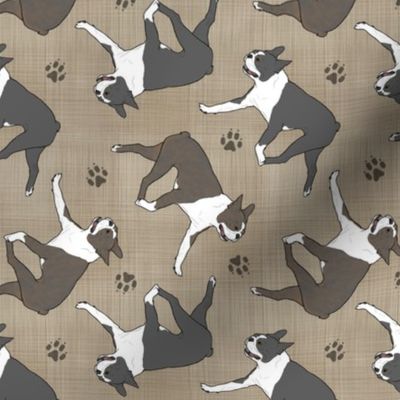 Trotting Boston Terriers and paw prints - faux linen