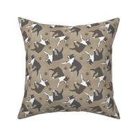 Trotting Boston Terriers and paw prints - faux linen