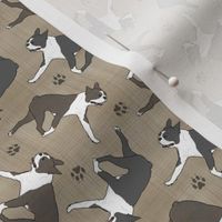 Tiny Trotting Boston Terriers and paw prints - faux linen