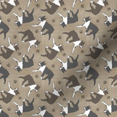 Tiny Trotting Boston Terriers and paw prints - faux linen