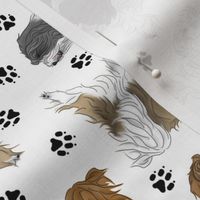Trotting assorted Tibetan Terriers and paw prints - white