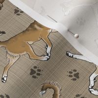 Trotting Norwegian Lundehund and paw prints - faux linen