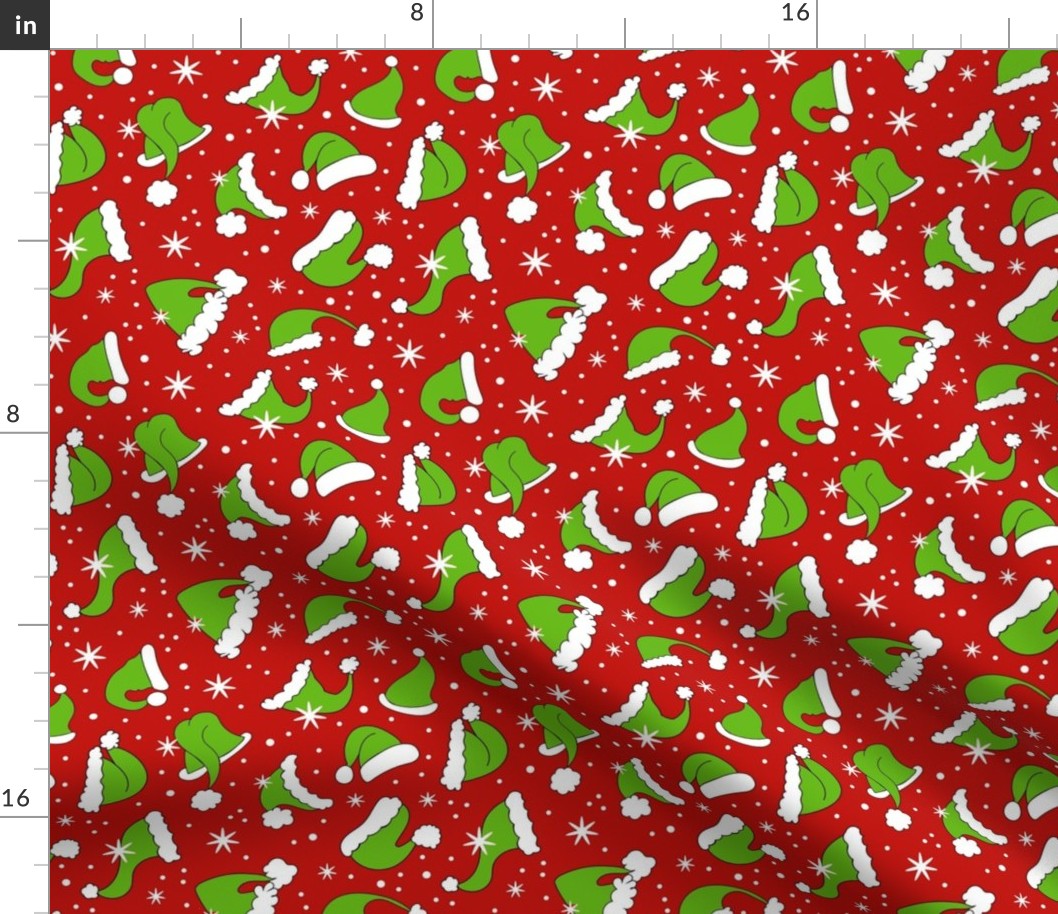 Medium Scale Green Santa Hats and Snowflakes on Red