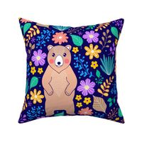18x18 Square Panel for Lovey Pillow or Cushion Bright Colorful Floral with Bear