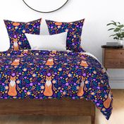 18x18 Square Panel for Lovey Pillow or Cushion Bright Colorful Floral with Orange Fox