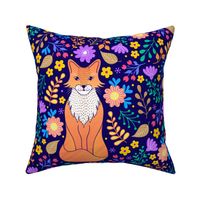 18x18 Square Panel for Lovey Pillow or Cushion Bright Colorful Floral with Orange Fox