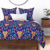18x18 Square Panel for Lovey Pillow or Cushion Bright Colorful Floral with Elephant