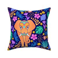 18x18 Square Panel for Lovey Pillow or Cushion Bright Colorful Floral with Elephant