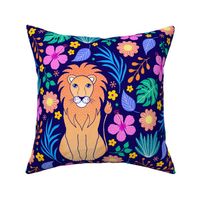 18x18 Square Panel for Lovey Pillow or Cushion Bright Colorful Floral with Lion