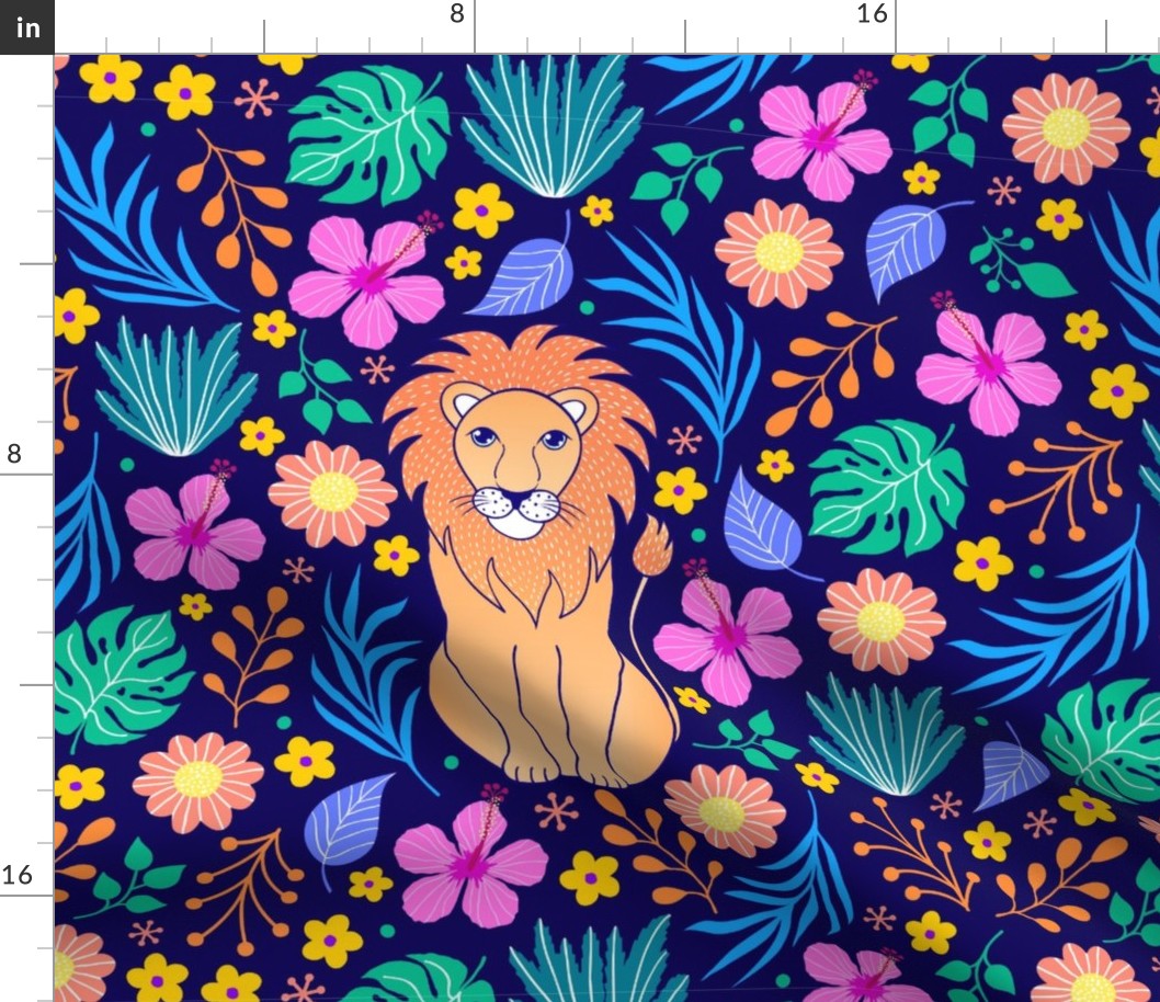 18x18 Square Panel for Lovey Pillow or Cushion Bright Colorful Floral with Lion