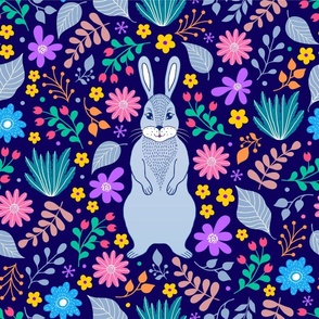 18x18 Square Panel for Lovey Pillow or Cushion Bright Colorful Floral with Grey Rabbit
