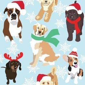 Golden Retriever Dogs  Blue Santa hat Christmas Dog Fabric