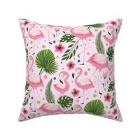 Large Scale Flock of Flamingos Tropical Pink Hibiscus Flowers