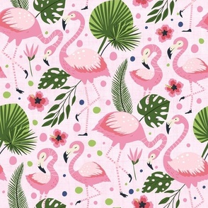 Large Scale Flock of Flamingos Tropical Pink Hibiscus Flowers