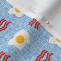 Small Scale Bacon and Eggs Breakfast Foods on Blue