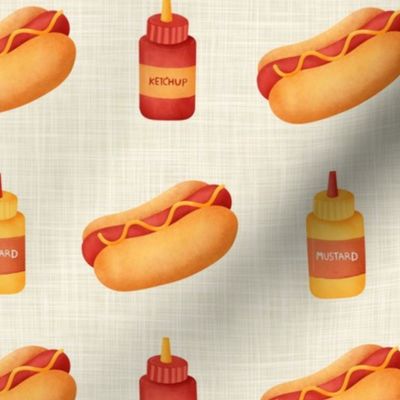 Medium Scale Junk Food Hot Dogs Mustard Ketchup on Tan