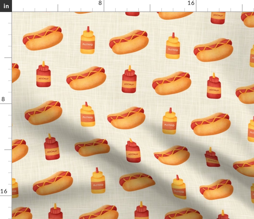 Medium Scale Junk Food Hot Dogs Mustard Ketchup on Tan