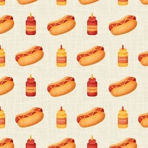 Small Scale Junk Food Hot Dogs Mustard Ketchup on Tan