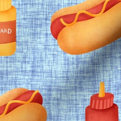 Large Scale Junk Food Hot Dogs Mustard Ketchup on Blue