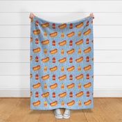 Large Scale Junk Food Hot Dogs Mustard Ketchup on Blue