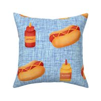 Large Scale Junk Food Hot Dogs Mustard Ketchup on Blue