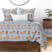 Large Scale Junk Food Hot Dogs Mustard Ketchup on Blue