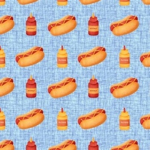 Small Scale Junk Food Hot Dogs Mustard Ketchup on Blue