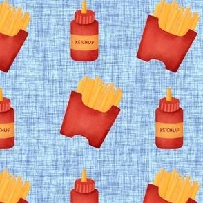 Medium Scale Junk Food Ketchup and French Fries on Blue